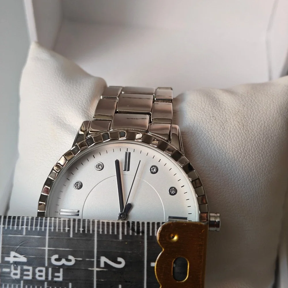 Nine West Womens Silver Tone Link Bracelet Watch Crystal Markers White Dial NEW